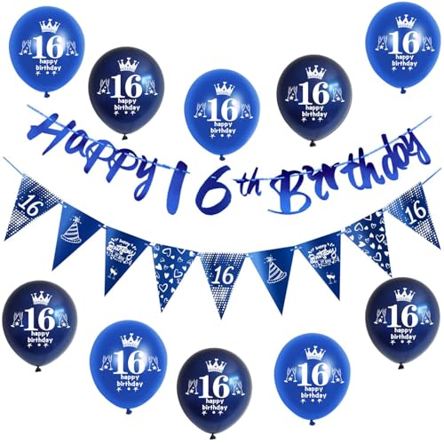 Blau Girlande Happy 16th Birthday Banner + 16 Geburtstag Dreiecksflaggen + 16 pcs 16 Geburtstag luftballons 16 Geburtstag deko für jungen,deko 16. Geburtstag jungen geburtstagsdeko 16 jahre junge von Hongyantech