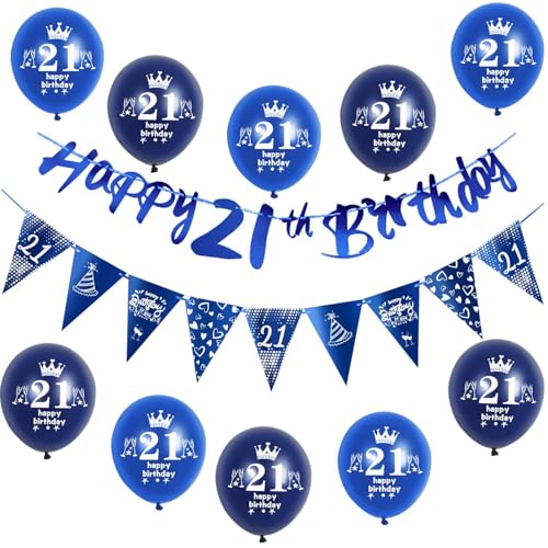 Blau Girlande Happy 21th Birthday Banner + 21 Geburtstag Dreiecksflaggen + 21 pcs 21 Geburtstag luftballons 21 Geburtstag deko für mann,deko 21. Geburtstag mann geburtstagsdeko 21 jahre männer von Hongyantech