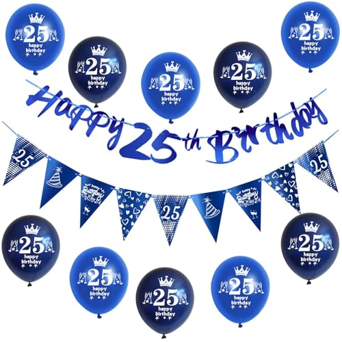 Blau Girlande Happy 25th Birthday Banner + 25 Geburtstag Dreiecksflaggen + 25 pcs 25 Geburtstag luftballons 25 Geburtstag deko für mann,deko 25. Geburtstag mann geburtstagsdeko 25 jahre männer von Hongyantech