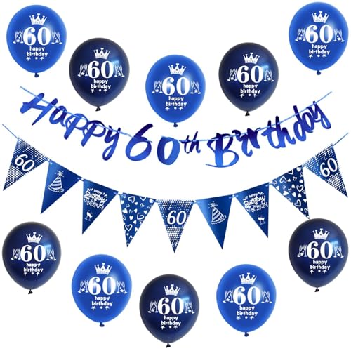 Blau Girlande Happy 60th Birthday Banner + 60 Geburtstag Dreiecksflaggen + 60 pcs 60 Geburtstag luftballons 60 Geburtstag deko für mann,deko 60. Geburtstag mann geburtstagsdeko 60 jahre männer von Hongyantech