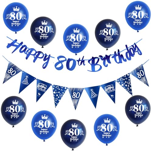 Blau Girlande Happy 80th Birthday Banner + 80 Geburtstag Dreiecksflaggen + 80 pcs 80 Geburtstag luftballons 80 Geburtstag deko für mann,deko 80. Geburtstag mann geburtstagsdeko 80 jahre männer von Hongyantech