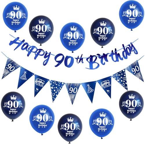 Blau Girlande Happy 90th Birthday Banner + 90 Geburtstag Dreiecksflaggen + 90 pcs 90 Geburtstag luftballons 90 Geburtstag deko für mann,deko 90. Geburtstag mann geburtstagsdeko 90 jahre männer von Hongyantech