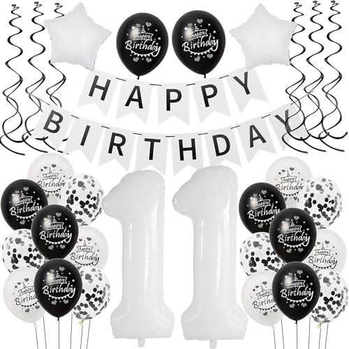 Luftballon 11. Geburtstag Schwarz weiß, Geburtstagsdeko 11 Jahre Junge Mädchen Schwarz Ballon deko 11.Geburtstag Mädchen,Riesen Folienballon 11 Happy Birthday Tortendeko 11 Geburtstag Mädchen weiß von Hongyantech