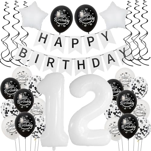 Luftballon 12. Geburtstag Schwarz weiß, Geburtstagsdeko 12 Jahre Junge Mädchen Schwarz Ballon deko 12.Geburtstag Mädchen,Riesen Folienballon 12 Happy Birthday Tortendeko 12 Geburtstag Mädchen weiß von Hongyantech