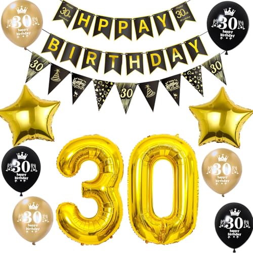 Luftballon 30. Geburtstag Dekoration Mann frauen Schwarz Gold 30 Geburtstag Mann Party Deko geburtstagsdeko 30 jahre frauen 30 Geburtstag Banner Wimpelkette 30 Geburtstag männer Dekoration von Hongyantech