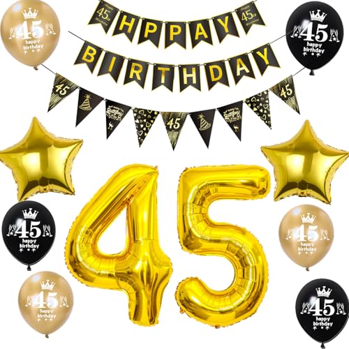 Luftballon 45. Geburtstag Dekoration Mann frauen Schwarz Gold 45 Geburtstag Mann Party Deko geburtstagsdeko 45 jahre frauen 45 Geburtstag Banner Wimpelkette 45 Geburtstag männer Dekoration von Hongyantech