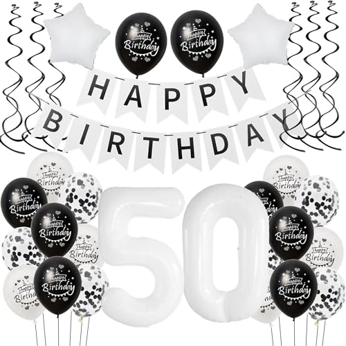 Luftballon 50. Geburtstag Schwarz weiß, Geburtstagsdeko 50 Jahre Mann Frauen Schwarz Ballon deko 50.Geburtstag Frau,Riesen Folienballon 50 Happy Birthday Tortendeko 50 Geburtstag Frauen weiß von Hongyantech