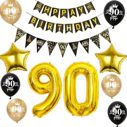 Luftballon 90. Geburtstag Dekoration Mann frauen Schwarz Gold 90 Geburtstag Mann Party Deko geburtstagsdeko 90 jahre frauen 90 Geburtstag Banner Wimpelkette 90 Geburtstag männer Dekoration von Hongyantech