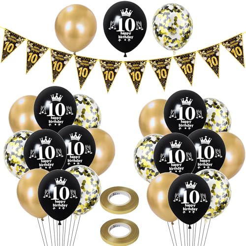 Luftballons 10. Geburtstag Junge Mädchen deko,23 Pcs Schwarz gold Latex ballons, Girlande 10 Geburtstag Party Dekorationen Luftballons für Mädchen Jungen Geburtstagsdeko 10 Jahre Wimpelkette von Hongyantech