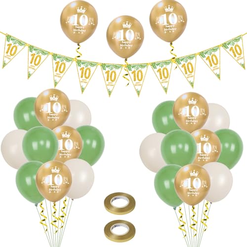 Luftballons 10. Geburtstag Junge Mädchen deko ,23 Pcs oliv-grün gold Latex ballons, Girlande 10 Geburtstag Party Dekorationen Luftballons für Mädchen Jungen Geburtstagsdeko 10 Jahre Wimpelkette von Hongyantech