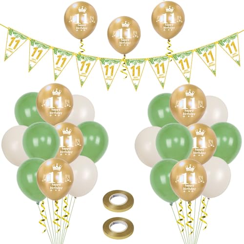 Luftballons 11. Geburtstag Junge Mädchen deko ,23 Pcs oliv-grün gold Latex ballons, Girlande 11 Geburtstag Party Dekorationen Luftballons für Mädchen Jungen Geburtstagsdeko 11 Jahre Wimpelkette von Hongyantech