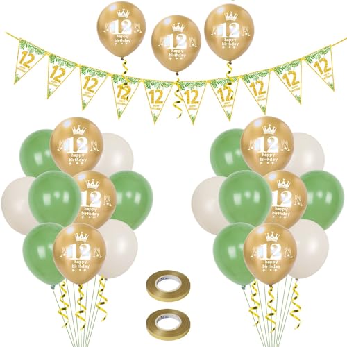 Luftballons 12. Geburtstag Junge Mädchen deko,23 Pcs oliv-grün gold Latex ballons, Girlande 12 Geburtstag Party Dekorationen Luftballons für Mädchen Jungen Geburtstagsdeko 12 Jahre Wimpelkette von Hongyantech