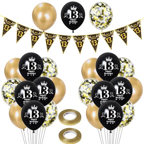 Luftballons 13. Geburtstag Junge Mädchen deko ,23 Pcs Schwarz gold Latex ballons, Girlande 13 Geburtstag Party Dekorationen Luftballons für Mädchen Jungen Geburtstagsdeko 13 Jahre Wimpelkette von Hongyantech