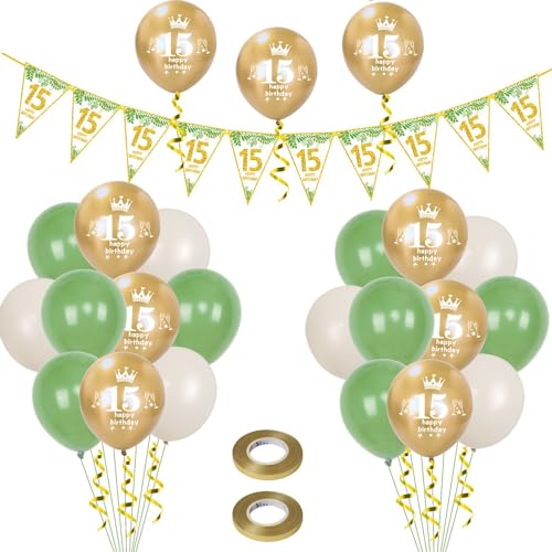 Luftballons 15. Geburtstag Junge Mädchen deko ,23 Pcs oliv-grün gold Latex ballons, Girlande 15 Geburtstag Party Dekorationen Luftballons für Mädchen Jungen Geburtstagsdeko 15 Jahre Wimpelkette von Hongyantech