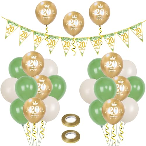Luftballons 20. Geburtstag Mann Frauen deko,23 Pcs oliv-grün gold Latex ballons,Girlande 20 Geburtstag Party Dekorationen Luftballons für Frauen Männer Geburtstagsdeko 20 Jahre Wimpelkette von Hongyantech