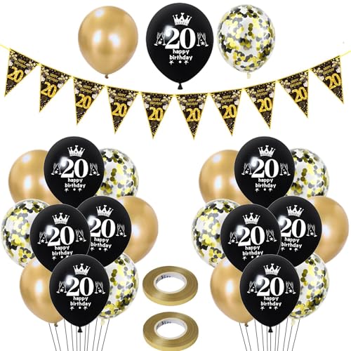 Luftballons 20. Geburtstag Mann Frauen deko ,23 Pcs Schwarz gold Latex ballons,Girlande 20 Geburtstag Party Dekorationen Luftballons für Frauen Männer Geburtstagsdeko 20 Jahre Mann Wimpelkette von Hongyantech