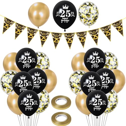 Luftballons 25. Geburtstag Mann Frauen deko,23 Pcs Schwarz gold Latex ballons,Girlande 25 Geburtstag Party Dekorationen Luftballons für Frauen Männer Geburtstagsdeko 25 Jahre Mann Wimpelkette von Hongyantech