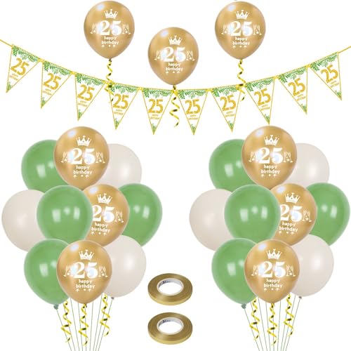 Luftballons 25. Geburtstag Mann Frauen deko ,23 Pcs oliv-grün gold Latex ballons,Girlande 25 Geburtstag Party Dekorationen Luftballons für Frauen Männer Geburtstagsdeko 25 Jahre Wimpelkette von Hongyantech