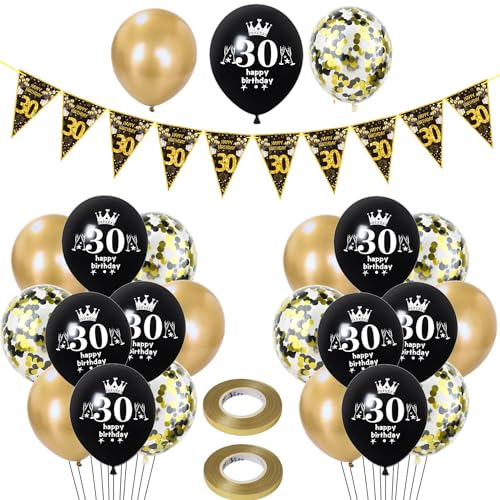 Luftballons 30. Geburtstag Mann Frauen deko,23 Pcs Schwarz gold Latex ballons,Girlande 30 Geburtstag Party Dekorationen Luftballons für Frauen Männer Geburtstagsdeko 30 Jahre Mann Wimpelkette von Hongyantech