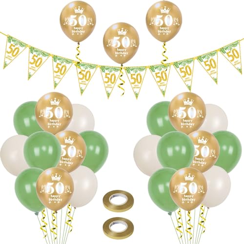 Luftballons 50. Geburtstag Mann Frauen deko ,23 Pcs oliv-grün gold Latex ballons,Girlande 50 Geburtstag Party Dekorationen Luftballons für Frauen Männer Geburtstagsdeko 50 Jahre Wimpelkette von Hongyantech