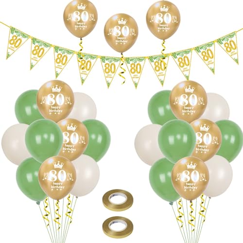 Luftballons 80. Geburtstag Mann Frauen deko,23 Pcs oliv-grün gold Latex ballons,Girlande 80 Geburtstag Party Dekorationen Luftballons für Frauen Männer Geburtstagsdeko 80 Jahre Wimpelkette von Hongyantech