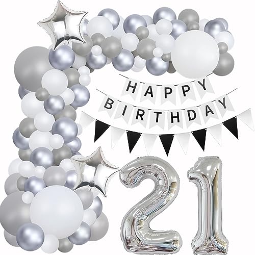 Luftballons Girlande 21 Geburtstag Deko Frauen Mann Luftballons Silber grau Weiß deko 21. Geburtstag Frau Männer 21 Jahre Geburtstagdeko Silber Happy 21 Birthday Girlande Ballons Deko Weiß silber von Hongyantech