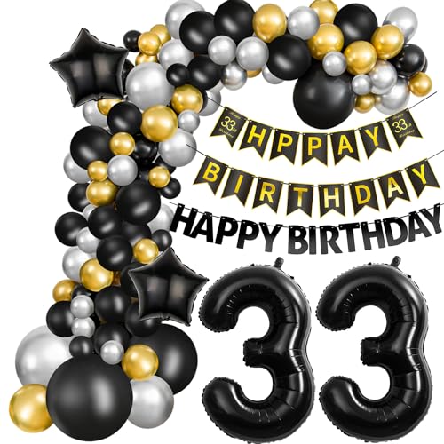 Luftballons Girlande 33 Geburtstag Deko Mann Schwarz silber gold Ballon Girlande 33. Geburtstag Mann 33 Jahre Geburtstagdeko ballon Deko 33. Geburtstag Männer Luftballons 33 Birthday Dekoration von Hongyantech