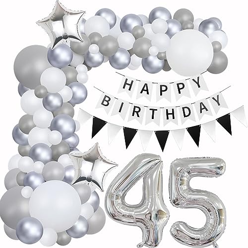 Luftballons Girlande 45 Geburtstag Deko Frauen Mann Luftballons Silber grau Weiß deko 45. Geburtstag Frau Männer 45 Jahre Geburtstagdeko Silber Happy 45 Birthday Girlande Ballons Deko Weiß silber von Hongyantech