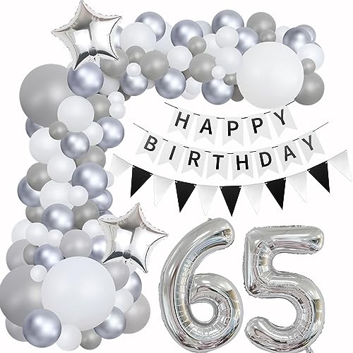 Luftballons Girlande 65 Geburtstag Deko Frauen Mann Luftballons Silber grau Weiß deko 65. Geburtstag Frau Männer 65 Jahre Geburtstagdeko Silber Happy 65 Birthday Girlande Ballons Deko Weiß silber von Hongyantech