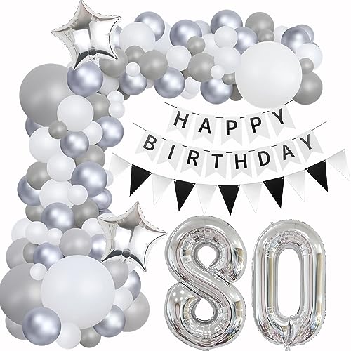 Luftballons Girlande 80 Geburtstag Deko Frauen Mann Luftballons Silber grau Weiß deko 80. Geburtstag Frau Männer 80 Jahre Geburtstagdeko Silber Happy 80 Birthday Girlande Ballons Deko Weiß silber von Hongyantech