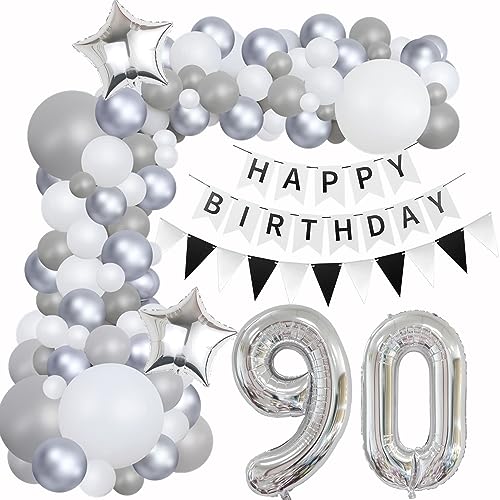 Luftballons Girlande 90 Geburtstag Deko Frauen Mann Luftballons Silber grau Weiß deko 90. Geburtstag Frau Männer 90 Jahre Geburtstagdeko Silber Happy 90 Birthday Girlande Ballons Deko Weiß silber von Hongyantech