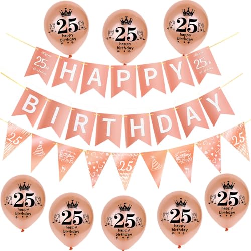 Rosegold Girlande Happy 25th Birthday Banner +25th Geburtstag Triangle Flag Banner + 8 pcs Happy 25th Birthday luftballons 25.Geburtstag deko für Frau Mädchen,25 Geburtstag Frauen party dekoration von Hongyantech