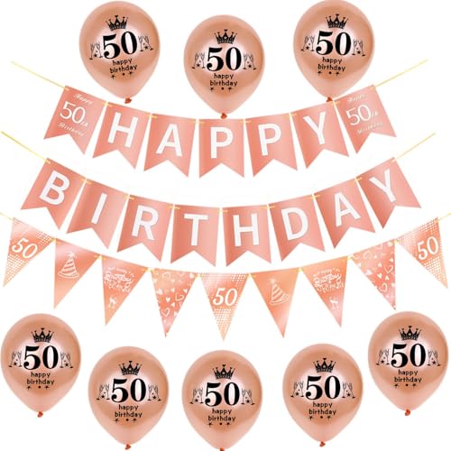 Rosegold Girlande Happy 50th Birthday Banner +50th Geburtstag Triangle Flag Banner + 8 pcs Happy 50th Birthday luftballons 50.Geburtstag deko für Frau Mädchen,50 Geburtstag Frauen party dekoration von Hongyantech