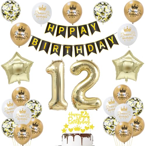 deko 12. geburtstag mädchen Junge deko Schwarz gold ballon 12. geburtstag Junge,Tortendeko 12 geburtstag luftballon 12.geburtstag deko Junge geburtstagsdeko 12 jahre Geburtstag Deko Junge Mädchen von Hongyantech