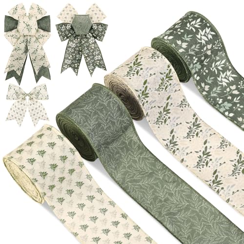 2 Rollen 20 Meter Salbeigrün Drahtkante Band Wildblume Botanisch Grün Blume Stoffband für DIY Handwerk Geschenkverpackung Heimdekoration Zubehör, 6,3 cm von Honic