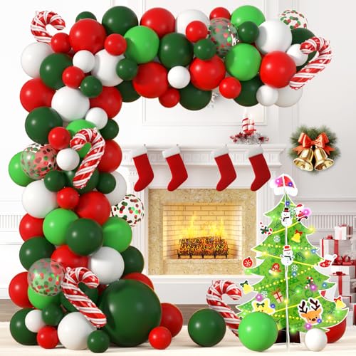 DIY Weihnachtsbäume & Weihnachtsballons Girlande Kits – 134 Stück Weiß Rot Dunkelgrün Weihnachtsballonbogen mit Zuckerstange Folienballons für Weihnachten, Geburtstag, Babyparty, Dekoration von Honinda