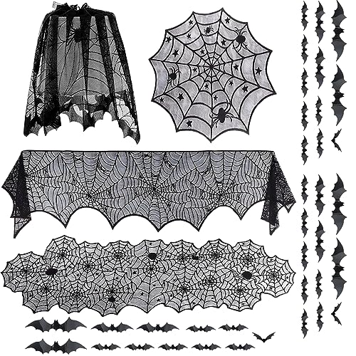 Halloween Tischdecke Dekoration Set, große Spitze Kaminsims, rechteckige und runde Spinnennetz Tischdecke, Lampenschirm und 3D Fledermaus Wandaufkleber von Honnesserry