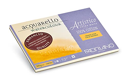 Fabriano Artistico Acquarello Watercolour, extra weiß, Feinkorn cold pressed, 18 x 26 cm, 20 Blatt 300 g/m², hochwertiger Künstler-Aquarellkarton, Block 4-seitig geleimt, vegan von Honsell