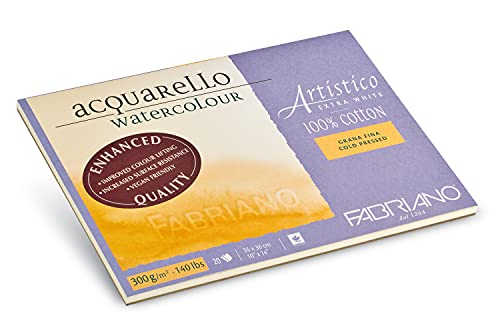 Fabriano Artistico Acquarello Watercolour, extra weiß, Feinkorn cold pressed, 26 x 36 cm, 20 Blatt 300 g/m², hochwertiger Künstler-Aquarellkarton, Block 4-seitig geleimt, vegan von Honsell