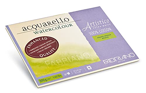 Fabriano Artistico Acquarello Watercolour, extra weiß, Grobkorn, 30,5 x 45,5 cm, 20 Blatt 300 g/m², hochwertiger Künstler-Aquarellkarton, Block 4-seitig geleimt, vegan von Honsell