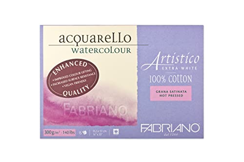 Fabriano Artistico Acquarello Watercolour, extra weiß, satiniert hot pressed, 35,5 x 51 cm, 15 Blatt 300 g/m², hochwertiger Künstler-Aquarellkarton, Block 4-seitig geleimt, vegan von Honsell