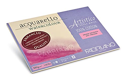 Fabriano Artistico Acquarello Watercolour, extra weiß, satiniert hot pressed, 35,5 x 51 cm, 15 Blatt 300 g/m², hochwertiger Künstler-Aquarellkarton, Block 4-seitig geleimt, vegan von Honsell