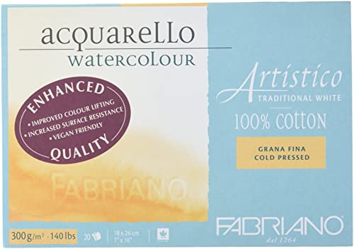 Fabriano Artistico Acquarello Watercolour, naturweiß, Feinkorn cold pressed, 18 x 26 cm, 20 Blatt 300 g/m², hochwertiger Künstler-Aquarellkarton, Block 4-seitig geleimt, vegan von Honsell