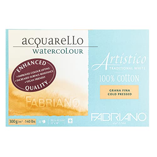 Fabriano Artistico Acquarello Watercolour, naturweiß, Feinkorn cold pressed, 30,5 x 45,5 cm, 20 Blatt 300 g/m², hochwertiger Künstler-Aquarellkarton, Block 4-seitig geleimt, vegan von Honsell