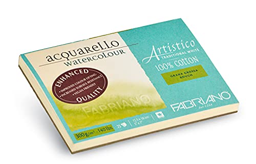 Fabriano Artistico Acquarello Watercolour, naturweiß, Grobkorn, 12,5 x 18 cm, 25 Blatt 300 g/m², hochwertiger Künstler-Aquarellkarton, Block 4-seitig geleimt, vegan von Honsell