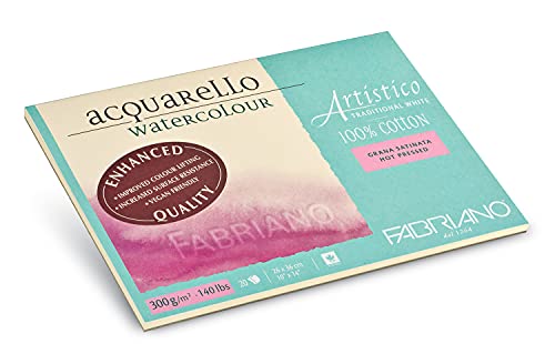 Fabriano Artistico Acquarello Watercolour, naturweiß, satiniert hot pressed, 26 x 36 cm, 20 Blatt 300 g/m², hochwertiger Künstler-Aquarellkarton, Block 4-seitig geleimt, vegan von Honsell