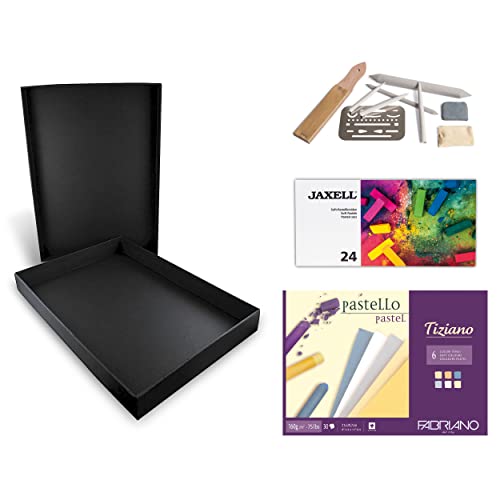Honsell 14-99890 - Pastellfarbenset "Pastelli" - Künstler Set, Schwarze Aufbewahrungsbox mit 24 Soft-Pastellkreiden, Zeichenzubehör-Set und einem Zeichenblock in DIN A4 von Honsell