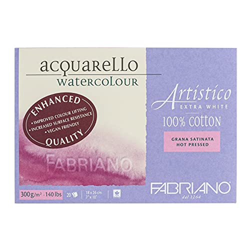 Fabriano Artistico Acquarello Watercolour, extra weiß, satiniert hot pressed, 18 x 26 cm, 20 Blatt 300 g/m², hochwertiger Künstler-Aquarellkarton, Block 4-seitig geleimt, vegan von Honsell