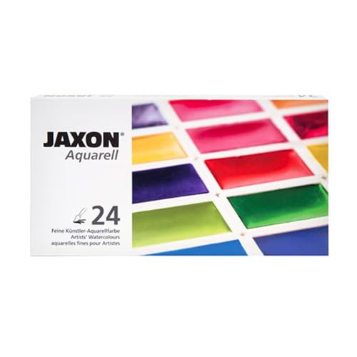 Jaxon Aquarellkasten mit 24 feinen Künstler-Aquarellfarben in ganzen Näpfchen, Metallkasten mit ausklappbarer Mischpalette von Honsell