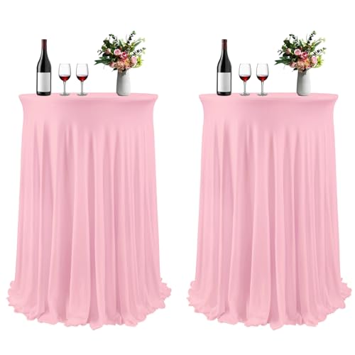 2er-Pack Cocktail Spandex Stretch Tischdecke mit Rock, Knitterfreie Waschbar Runder Stretch-Cocktail-Tischrock für Hochzeiten, Partys,Restaurants,Bankette (Rosa,60×110cm) von HonunGron